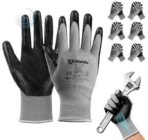 ANDANDA Men‘s Work Gloves with Nitrile Coating - Pack of 6 | Safety Gloves for Mechanics, Gardening & Logistics | Non-Slip Grip, Comfort Fit | Size L (Black)