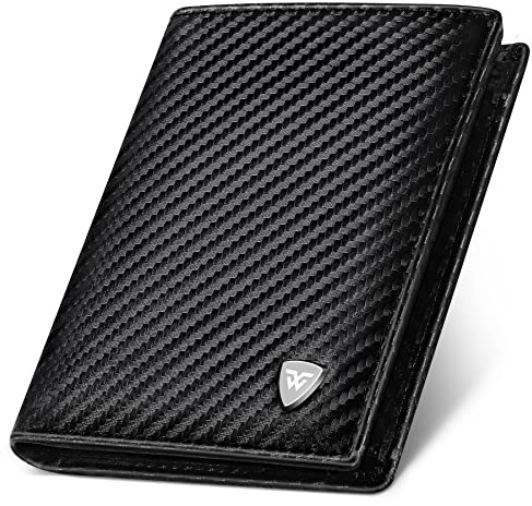 WONSEFOO Portefeuille en Cuir Carbone pour Hommes Bloquant RFID avec 11 Emplacements | Vertical à Trois Volets | Cadeaux de Noël et Anniversaire | Noir