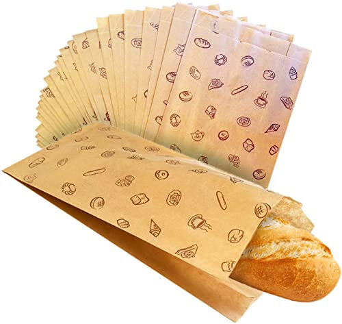 Sacchetti carta kraft marrone con Disegno Stampato. Borsa pane sandwich dolci pasticceria biscotti frutta spuntino pranzo (100unit 25x14cm)