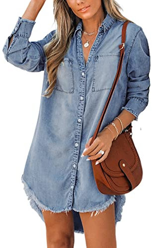 CUPSHE Women Denim Shirt Mini Tunic Dress Casual Oversized Autumn Long Sleeve Frayed Hem Tops Blouse with Pockets Sky Blue S