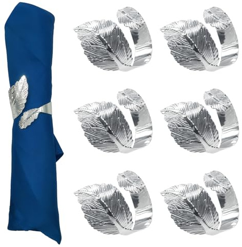 SEEBRIDER Napkin Rings Silver, 6PCS Leaf Napkin Rings Metal for Table Setting Wedding Birthday Anniversary Easter Christmas Halloween Thanksgiving Party Fall