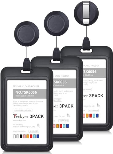 Teskyer 3 Stück Ausweishülle mit Band, Ausweishalter Ausziehbar, Schlüsselanhänger Ausziehbar, mit 1 Klarsichtfenster, für Büro, Geschäft, Buspässe, Vertikal, Schwarz