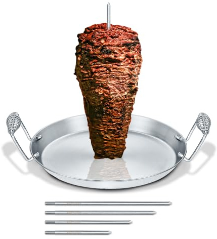 CONCORD Stainless Steel Vertical Al Pastor Skewer with Plate for Outdoor BBQ Grills. Great for Tacos, Gyro, Shawarma, whole chickens and more! Includes 5 Skewers