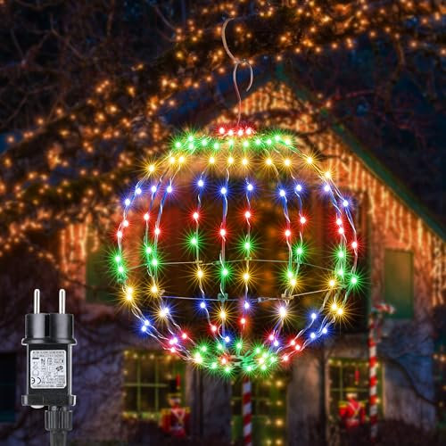 Joomer 30cm Sfera Luci Natale Alimentata da Adattatore, 8 Modalità Palla Luci Natalizie Pieghevole in Metallo, 120 LED Natale Decorazioni Impermeabileper Feste in Giardino in Soggiorno (Multicolore)