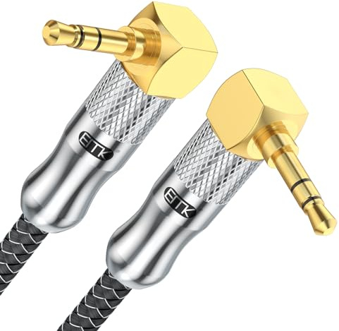 EMK Cavo audio AUX stereo da 3,5 mm (90 gradi maschio a spina ad angolo retto), 2,4 m, cavo placcato oro TRS-AUX doppio angolo, compatibile con laptop, smartphone, lettore musicale