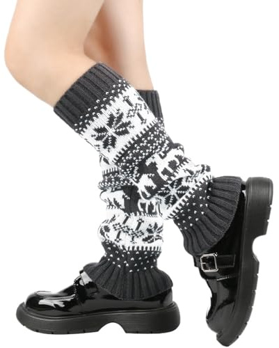 Nanxson Mujeres Calientapiernas Copo de Nieve Reno Patrón Puños de Bota Tejer Ganchillo Medias de Pantorrilla (Gris Oscuro)