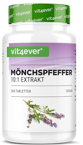 vit4ever Mönchspfeffer - 365 Tabletten - Hochdosiert mit 20 mg hochwertiges Mönchspfefferextrakt (10:1), entspricht 200 mg reinem Mönchspfeffer (Vitex Agnus Castus) - Ohne unerwünschte Zusätze - Vegan