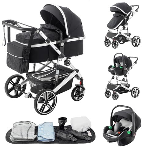 Zkiprm 3-in-1 Baby Kinderwagen Reisesystem, Kinderwagen und Autositz-Kombi, Kinderwagen mit höhenverstellbarem Griff, Babybuggy mit Moskitonetz, Reisewagen mit Aluminiumrahmen für Neugeborene 0-4