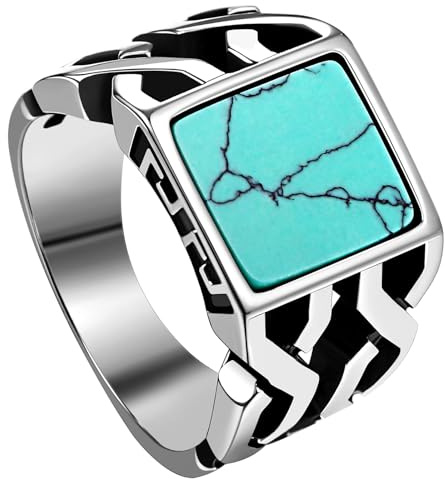 Cupimatch Anillo de motociclista turquesa para hombre: joyería de acero inoxidable estilo occidental con piedra auténtica, tallas 7-13, anillo de boda vintage para hombre o regalo, Acero inoxidable