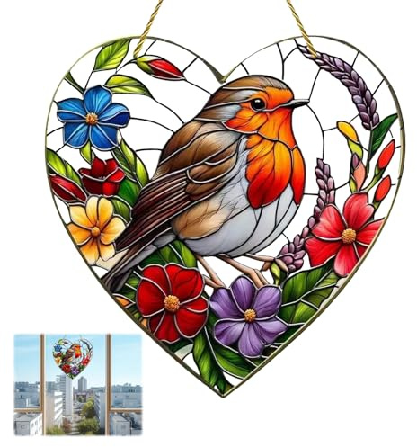 Sun Catchers For Windows, 20 * 20 CM Large Heart-Shaped Suncatchers For Windows Robin, Sun Catcher, Robin Suncatchers Stained Glass, Acrylic Window Hanging for Home Garden Gift Decor