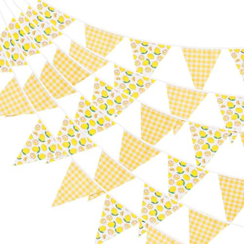 G2PLUS Guirnalda de Banderines Limón 12 m:42 Banderines Tela de Algodón Patrón de Cuadros Amarillo y Blancos,15 x 19 cm Adecuadas para Decoración de Fiestas,Jardines y Habitaciones Infantiles