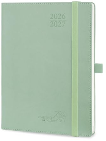 POPRUN Kalender 2026 2027 Wochenplaner (Aug.2026-Dez.2027) Softcover mit PU-Leder, ca. A5 (22 x 16,5 cm), 17-Monate-Terminplaner 1 Woche 2 Seite (Graugrün)