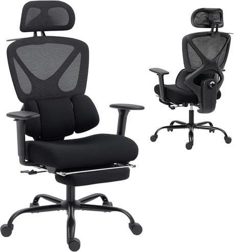 HOMCOM Chaise Bureau Ergonomique, Fauteuil de Bureau avec Soutien Lombaire Dynamique Adaptatif, Accoudoirs 3D, Dossier Inclinable, Hauteur et Appui-Tête Réglables, Repose-Pieds, Pivotant à 360°, Noir