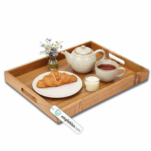 Kibun Serviertablett 40x30x4 cm aus Holz - Nachhaltiges Küchentablett mit Griffen, stabiles und leichtes Holz Tablett, antibakteriell, pflegeleicht, ideal für Frühstück und Servieren