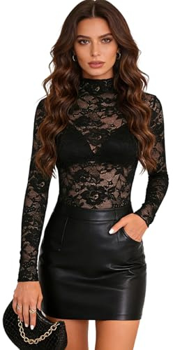 EOAMGO Lace Mesh Long Sleeve Top for Women, Sheer Floral Lace See Through Blouse, Fitted Going Out Top for Party Club Night