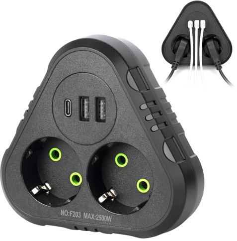 Enchufe Múltiple 5 en 1 para Pared, 2 Tomas, USB-C, 2 USB-A, 2500 W, Negro
