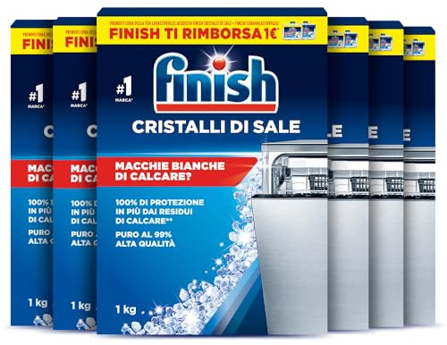 Finish Sale per lavastoviglie, Additivo per Lavastoviglie in cristalli di Sale per proteggere dal calcare e dalle macchie d'acqua, 6 Confezioni da 1000 gr