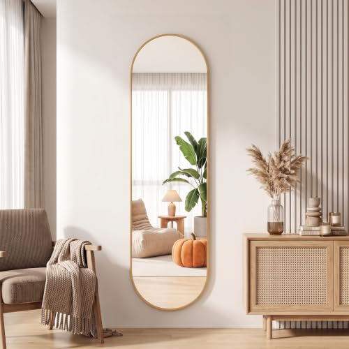 Warmiehomy Gold Full Length Wall Mounted Mirror 40x120cm Hanging Mirror | 3mm Aluminium Mirror, HD Tempered Glass Metal Frame.Oval Shape. Includes Hardware Space-Saving. Ideal for Bedroom/Wardrobe