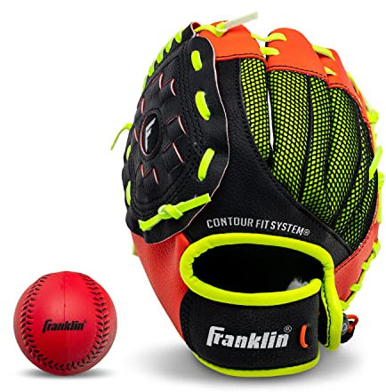 Franklin Sports Teeball-Handschuh – Links- und Rechtshänder Jugend Fielding Handschuh – Neo-Grip – Baseball-Handschuh aus Kunstleder – 22,9 cm Linkshänder Werfen – Spielbereit Handschuh mit Ball – Rot