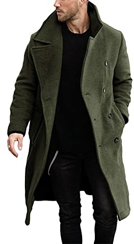 Makkrom Mens Double Breasted Trench Coat Casual Lapel Collar Business Winter Long Overcoats, Army Green, Large