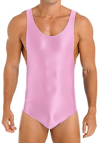 iEFiEL Herren Öl Body Ärmellose Einteiler Bodysuit Shiny Catsuit Overall Sportbody Gymnastikanzug Unterhemd Reizwäsche Rosa XL