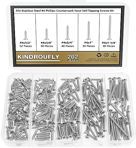 Kindroufly 202 Pieces #4 x 1/2 5/8 3/4 1 1-1/4 Phillips Countersunk Head Self-Tapping Screws, Wood Screws Assortment Kit, 304 Stainless Steel