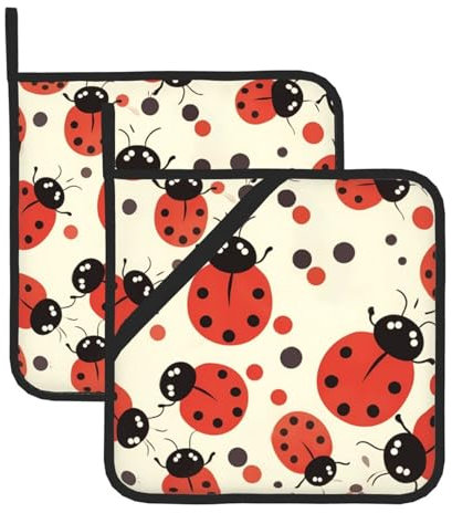 Set di 2 presine da cucina con stampa divertente coccinella, resistenti al calore, antiscivolo, per cucina, cottura al forno, barbecue, presine con tasche