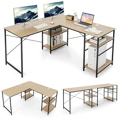 COSTWAY Scrivania Angolare per Computer con Supporto per Monitor, Scrivania Porta PC in Legno, Scrivania Salvaspazio e Moderna per Ufficio e Studio, 242 x 60 x 75 cm (Naturale)