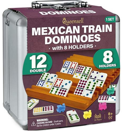 Queensell Mexican Train Dominoes Set with 8 Holders - Wooden Hub and Tiles Holders - Double 12 Tiles with Dots (D12 + 8 Holders)