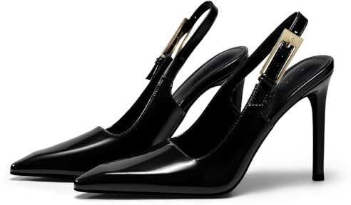 Coutgo Women's Slingback High Heels Pointed Toe Stilettos Metal Buckle Dress Party Pump Shoes, Black, Size 7.5