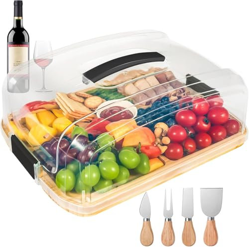 Käsebrett mit Deckel für Partys Reisen, Servierplatte mit Fächern Griff für Snacks Fleisch Dessert, Käsebrett aus Bambus mit Messer Set, Charcuterie Board Platte Käseplatte