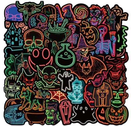 Neon Halloween-klistermärken, Halloween-klistermärken neon – 50 x läskiga vattenflask-klistermärken | Självhäftande Halloween-klistermärken för festdekorationer, vattentäta laptop-klistermärken