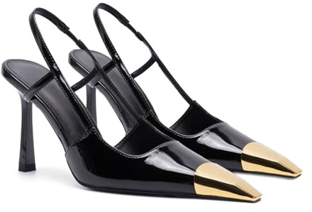 THESHY Womens Slingback High Heels Metal Pointed Toe Leather High Stiletto Heel Pumps Slip on Elastic Strap Fashion Dress Shoes for Women, Black Patent Leather, 6 UK