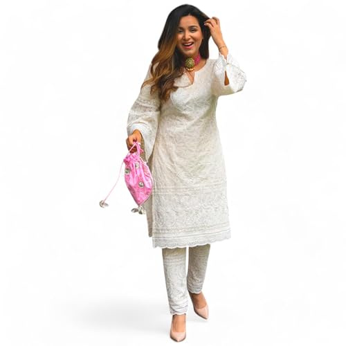 RangMahal - Set kurta da donna in puro cotone indiano fatto a mano Lucknowi Chikankari tradizionale (bianco), bianco, XX-Large