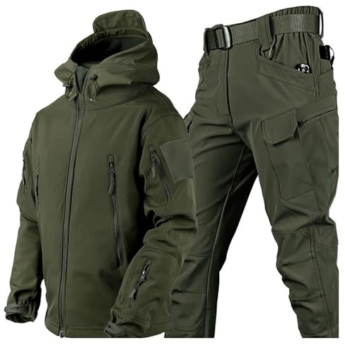 aromm Hombre Chaqueta Táctica de Capucha & Pantalones Softshell Trajes para Aire Libre Pesca Senderismo Camping Verde, XL