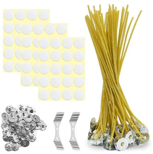 50 Stück Kerzendochte, 20 cm Dochte für Kerzen, natürliche Bienenwachsdochte mit Dochthalter aus Eisen und doppelseitigen Dochtaufklebern, zur Kerzenherstellung