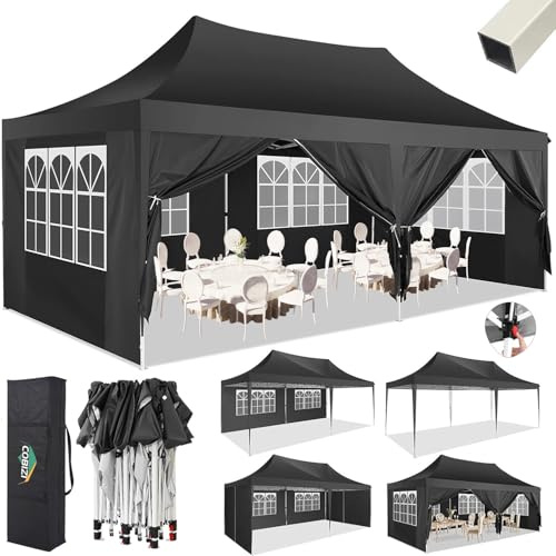 COBIZI Paviljong 3 x 6 m, vikbar paviljong 3 x 6 vattentät, stabil med 6 sidodelar, festtält, popup, camping, paviljong, trädgårdstält, trädgårdspaviljong för trädgård, fest, festival, bröllop,