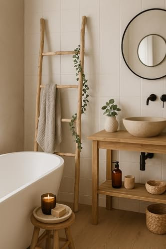 Biscottini Échelle porte-serviettes de bain 148 x 36 x 3 cm - Escalier décoratif en bois - Escalier en bois - Escalier porte-serviettes en bambou - Échelle porte-serviettes mural en métal