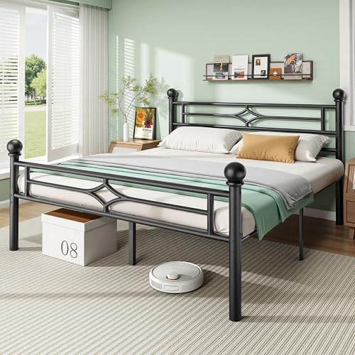 BedsPick Queen Bed Frame with Headboard and Footboard, Metal Platform Bed Frame with Round Corner Ball, 1200 LBS Heavy Duty Steel Slats Support, No Box Spring Needed/Noise-Free/Easy Assembly, Black