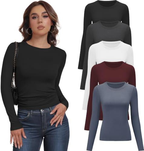 YOIOWVY Tshirt Manches Longues Femme Haut Basique Col Rond Moulant Tee 5Pcs | Respirant.Idéal pour yoga,bureau,voyage,dating & quotidien.4-way stretch,anti-froissage & ne déteint pas.Lavable en machine