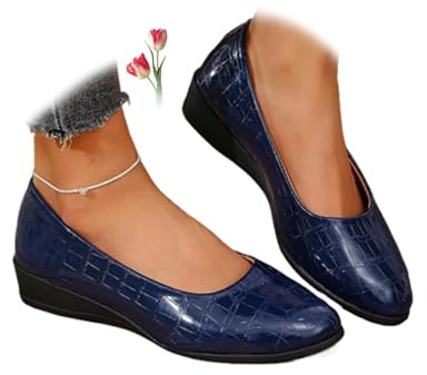 Zapatos cómodos de cuña con correa elástica entrecruzada para mujer, zapatos de tacón de bailarina para mujer, correa elástica cruzada, puntera redonda, cómodos zapatos de tacón, Textura azul, 41 EU