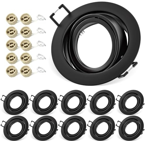 Marco Foco Empotrable GU10, 10 Pieza Marcos Foco Empotrable LED Techo Negro 68mm, con Portalamparas GU10, Ángulo Basculación 30°, Marco Downlight Para Lámparas De Led O Halógena