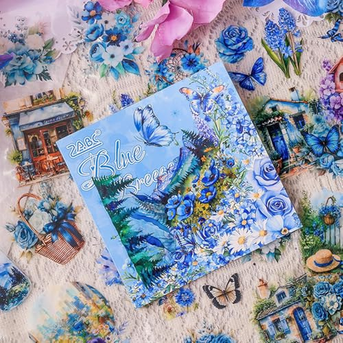ZHIJIANHZ Floral Stickers Set,30 Sheets Blue Waterproof PET Clear Flower Stickers for Scrapbooking Journaling Bullet Journal Junk Journal Supplies