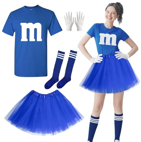 Disfraz de carnaval para mujer, camiseta estampada con guantes tutú y calcetines a rayas, disfraz de carnaval para grupo de adultos, Traje para adultos para fiestas, Carnaval y Halloween (Azul, M)