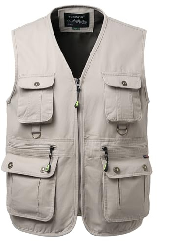 Yukirtiq Chaleco de Pesca Hombre Multibolsillos Chalecos de Caza Safari Chaleco de Fotografo Trabajo, Beis, XL