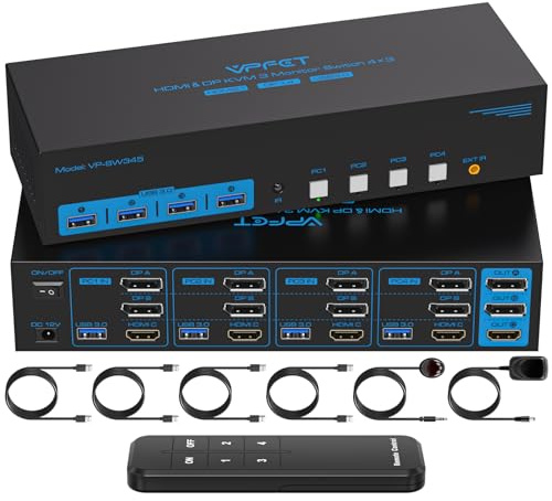 8K60Hz Displayport HDMI KVM Switch 4 PC 3 Monitore USB 3.0 DP1.4 +HDMI2.1 Conmutador KVM para Quad Ordenadores, Comparte Monitor Triple y 4 Dispositivos USB con 2 Cables USB y Control de Escritorio