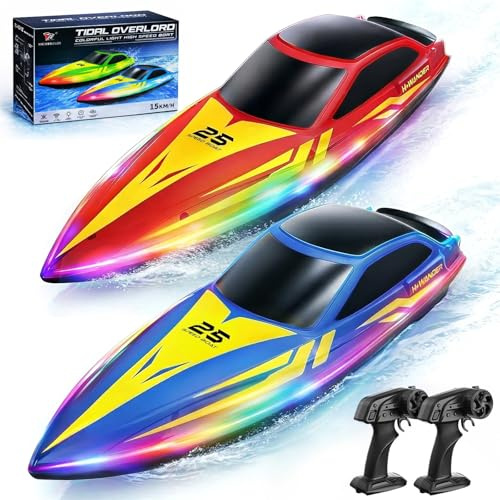 YESHIN RC Boat for Kids, 2-Pack Remote Control Boats with 7-Mode Light, 15 KPH Fast Speed Boats for Pool & Lake, Low Battery & Out-of-Range Alert, Waterproof, Summer Toys Ideals Gift for Adults