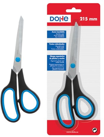 Dohe - Tijeras Escolares, Oficina o para Manualidades - 21 cm - Acero inoxidable con mango ergonómico antideslizante - Color Negro y Azul - Material de oficina