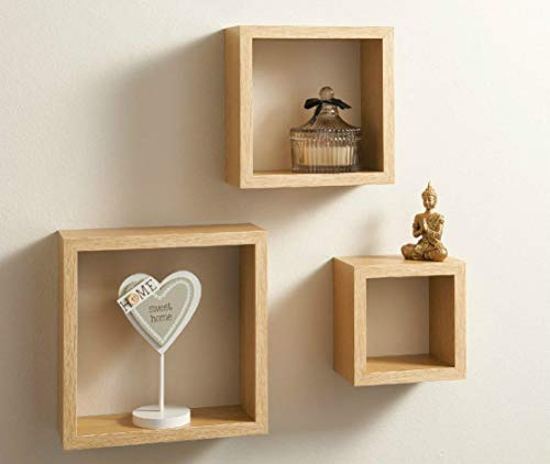 Birsppy Modern Set of 3 Floating Wall Shelves Cube Shelf Oak