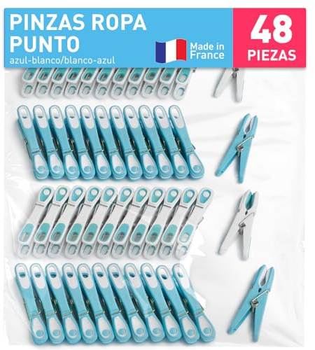 culiclean Pinzas Ropa Fuertes – 48 Pinzas para Tender Ropa Que No Dejan Marca – Plástico Resistente y BPA-Free – Fabricado en Francia – Punto, Azul-Blanco/Blanco-Azul